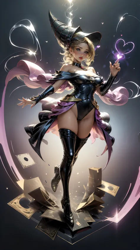 ( masterpiece :1.2), (la mejor calidad:1.2), perfect lighting, Dark Witch Chica casting a spell,  floating in the air ,  BIG BOOBS , neckline, magic background. Transparent hearts in the environment, blue robe, large hat, from above, Flashes, Yugioh Card i...