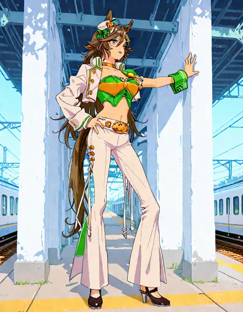 masterpiece masterpiece, ultra-HD, impressionism, high detail, best quality, very aesthetic, 8k, best quality, beautiful, anime coloring , mr. c.b. (umamusume), solo , big breast , strapless shirt, white skin tight pants , high-waisted and flared pants , ...