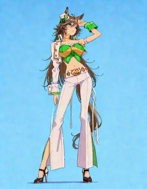 masterpiece masterpiece, ultra-HD, impressionism, high detail, best quality, very aesthetic, 8k, best quality, beautiful, anime coloring , mr. c.b. (umamusume), solo , big breast , strapless shirt, white tight pants , high-waisted and flared pants , midri...