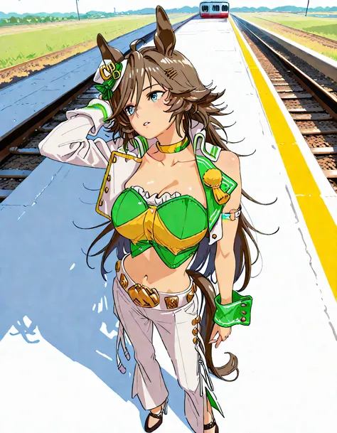 masterpiece masterpiece, ultra-HD, impressionism, high detail, best quality, very aesthetic, 8k, best quality, beautiful, anime coloring , mr. c.b. (umamusume), solo , brown hair , blue eyes , big breast , strapless shirt, white tight pants , high-waisted...