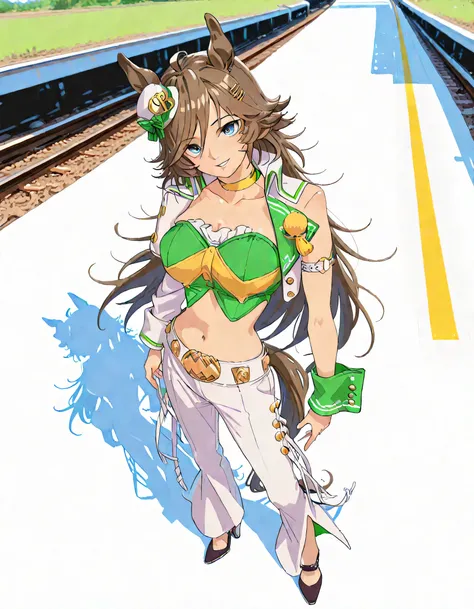 masterpiece masterpiece, ultra-HD, impressionism, high detail, best quality, very aesthetic, 8k, best quality, beautiful, anime coloring , mr. c.b. (umamusume), solo , brown hair , blue eyes , big breast , strapless shirt, white tight pants , high-waisted ...