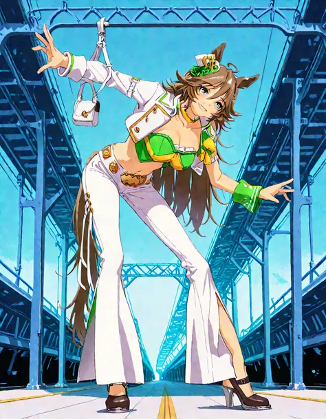 masterpiece masterpiece, ultra-HD, impressionism, high detail, best quality, very aesthetic, 8k, best quality, beautiful, anime coloring , mr. c.b. (umamusume), solo , brown hair , blue eyes , big breast , strapless shirt, white tight pants , high-waisted ...