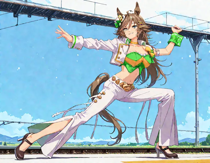 masterpiece masterpiece, ultra-HD, impressionism, high detail, best quality, very aesthetic, 8k, best quality, beautiful, anime coloring , mr. c.b. (umamusume), solo , brown hair , blue eyes , big breast , strapless shirt, white tight pants , high-waisted ...