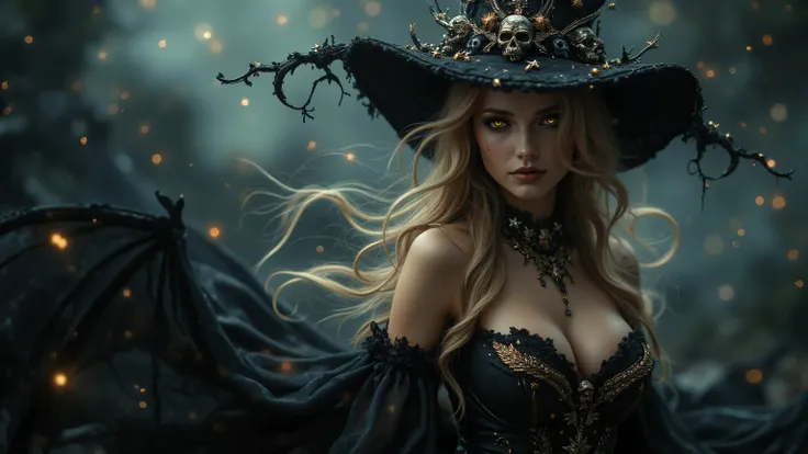 eyeshine,woman,high quality, 8K Ultra HD, professional photo, ultra sharp focus, Create a portrait of a stunning very busty woman embodying a magical witch theme. She has evile flaming eyes and long, flowing blonde hair that cascades in soft waves around h...