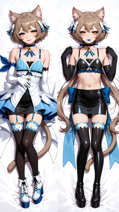 felix argyle, very long hair, bangs, brown hair, bow, animal ears, hair bow, male focus, cat ears, eyelashes, bob cut, thick eyebrows, white bow, otoko no ko, cat tail,  black crop top, black pencil skirt, black elbow gloves, black thighhighs, black lipsti...