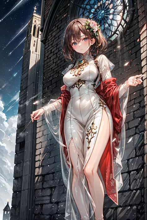 (White clothing)，white latex female body silhouette, sexy look, Shiny Latex Material Sticking to the Body,((from below:1.2)),Bust Shot， ((最High Quality)), (very detailed), (High Definition CG Composite 8K Wallpaper), meteor、空から降り注ぐmeteor、無数のmeteor群、高いly de...