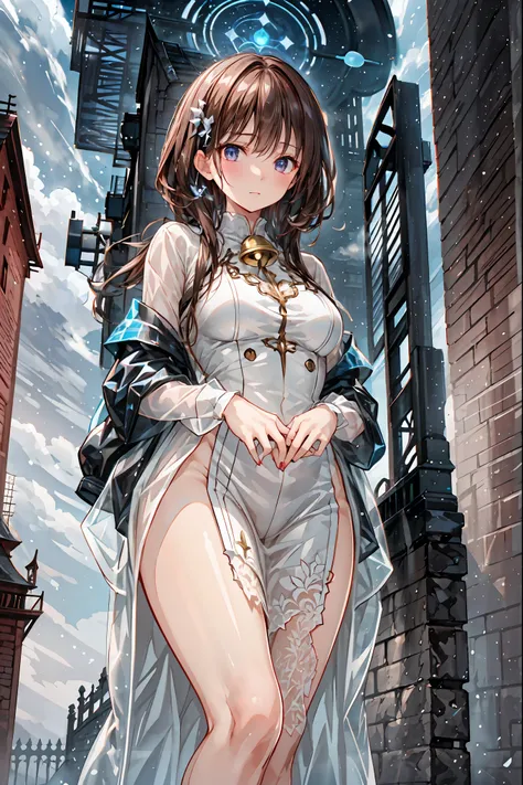 (White clothing)，white latex female body silhouette, sexy look, Shiny Latex Material Sticking to the Body,((from below:1.2)),Bust Shot， ((最High Quality)), (very detailed), (High Definition CG Composite 8K Wallpaper), meteor、空から降り注ぐmeteor、無数のmeteor群、高いly de...