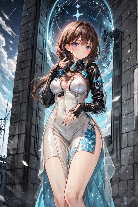 (White clothing)，white latex female body silhouette, sexy look, Shiny Latex Material Sticking to the Body,((from below:1.2)),Bust Shot， ((最High Quality)), (very detailed), (High Definition CG Composite 8K Wallpaper), meteor、空から降り注ぐmeteor、無数のmeteor群、高いly de...