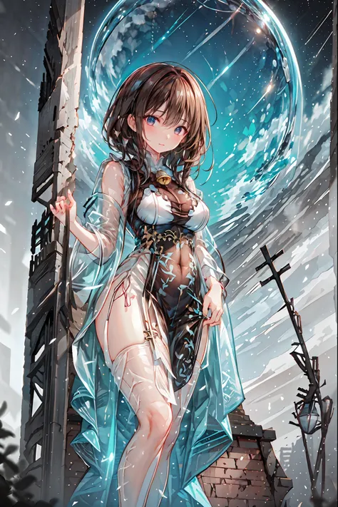 (White clothing)，white latex female body silhouette, sexy look, Shiny Latex Material Sticking to the Body,((from below:1.2)),Bust Shot， ((最High Quality)), (very detailed), (High Definition CG Composite 8K Wallpaper), meteor、空から降り注ぐmeteor、無数のmeteor群、高いly de...