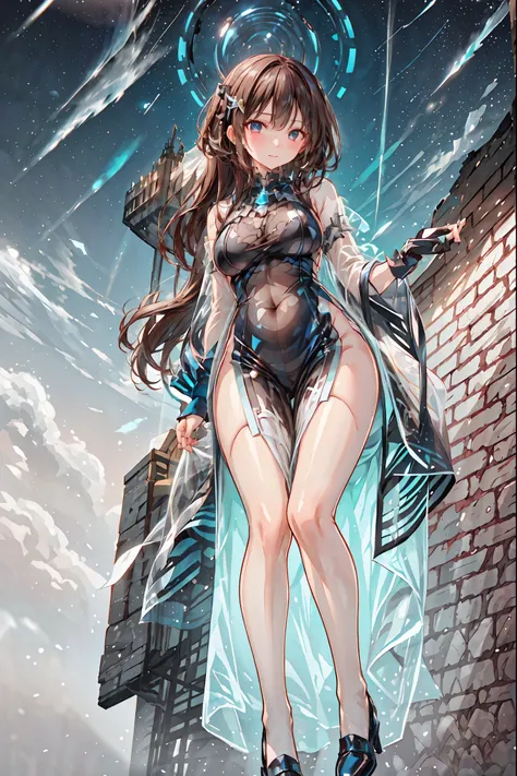 (White clothing)，white latex female body silhouette, sexy look, Shiny Latex Material Sticking to the Body,((from below:1.2)),Bust Shot， ((最High Quality)), (very detailed), (High Definition CG Composite 8K Wallpaper), meteor、空から降り注ぐmeteor、無数のmeteor群、高いly de...