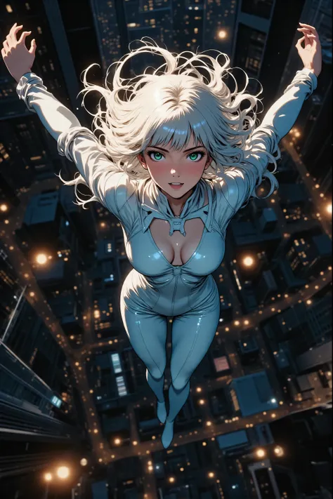 Full body shot, dynamic action pose, angled pose, three-quarter view, with ample space, no cropping.
She is captured mid-air, falling gracefully through the sky with both arms spread wide, as if soaring or descending with purpose.
Her body is subtly arched...