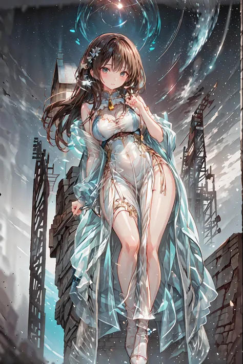 (White clothing)，white latex female body silhouette, sexy look, Shiny Latex Material Sticking to the Body,((from below:1.2)),Bust Shot， ((最High Quality)), (very detailed), (High Definition CG Composite 8K Wallpaper), meteor、空から降り注ぐmeteor、無数のmeteor群、高いly de...