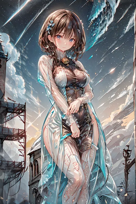 (White clothing)，white latex female body silhouette, sexy look, Shiny Latex Material Sticking to the Body,((from below:1.2)),Bust Shot， ((最High Quality)), (very detailed), (High Definition CG Composite 8K Wallpaper), meteor、空から降り注ぐmeteor、無数のmeteor群、高いly de...