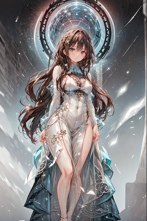 (White clothing)，white latex female body silhouette, sexy look, Shiny Latex Material Sticking to the Body,((from below:1.2)),Bust Shot， ((最High Quality)), (very detailed), (High Definition CG Composite 8K Wallpaper), meteor、空から降り注ぐmeteor、無数のmeteor群、高いly de...