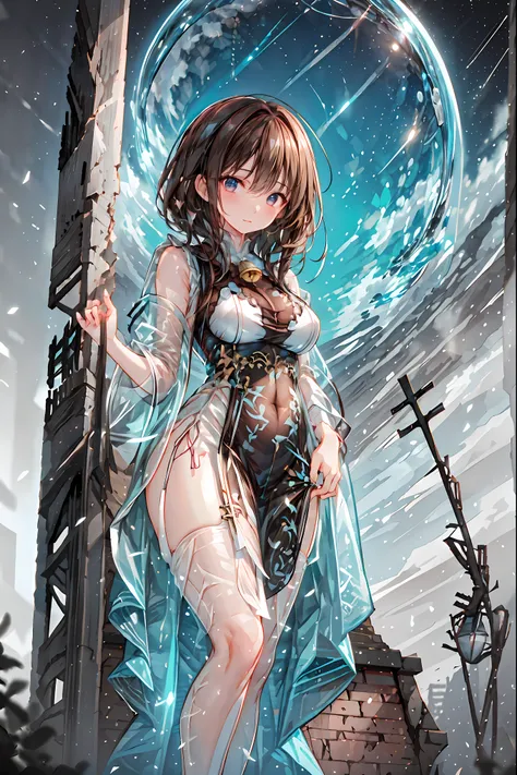 (White clothing)，white latex female body silhouette, sexy look, Shiny Latex Material Sticking to the Body,((from below:1.2)),Bust Shot， ((最High Quality)), (very detailed), (High Definition CG Composite 8K Wallpaper), meteor、空から降り注ぐmeteor、無数のmeteor群、高いly de...