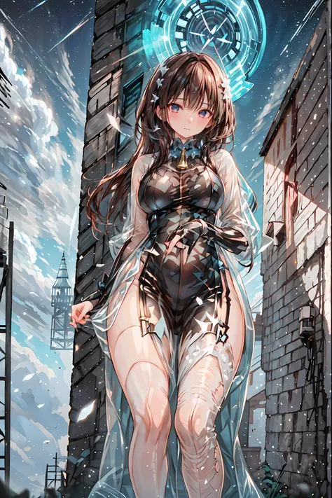 (White clothing)，white latex female body silhouette, sexy look, Shiny Latex Material Sticking to the Body,((from below:1.2)),Bust Shot， ((最High Quality)), (very detailed), (High Definition CG Composite 8K Wallpaper), meteor、空から降り注ぐmeteor、無数のmeteor群、高いly de...