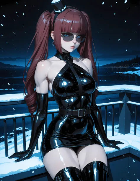 Hanazono Yurine. female sleeveless black latex bodysuit, high neck halter, black latex short tight skirt, black belt, black latex thigh high boots, racerback, bare shoulders, long elbow gloves, black gloves, toned arms, beautiful face, red twintails, blunt...