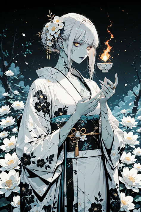 zombie girl in kimono, beautiful yet eerie, cracked porcelain skin
