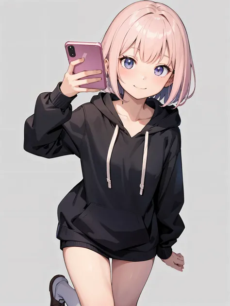 傑作, 最高品質 ,美しい女性 
A cheerful beautiful anime-style Japanese girl with a pink short bob hairstyle, holding a smartphone in one hand and smiling brightly. 
She wears a casual black hoodie with a small pink line accent and soft fabric texture. 
Her expression ...