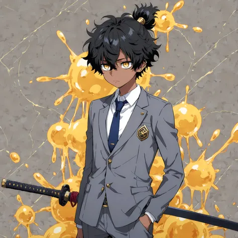 <lora:TrendCraft_The_Peoples_Style_Detailer-v2.4I-5_18_2025-Illustrious:0.2> <lora:flatline_v2_-_Illus_x_Niji:0.6>, masterpiece, highest quality, simple, 1boy, male focus, masculine, dark tanned skin, solo, young adolescent, black hair with gold streak, sh...