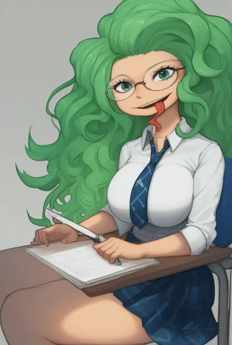 skirt,shirt,school uniform,score_9 , score_8_up , score_7_up , masterpiece , best quality , highly detailed, BoaSandersoniaOP, 1girl, solo, tall woman, disproportionately large head, wide head, green hair, long hair, wavy hair, green eyes, wide mouth, long...