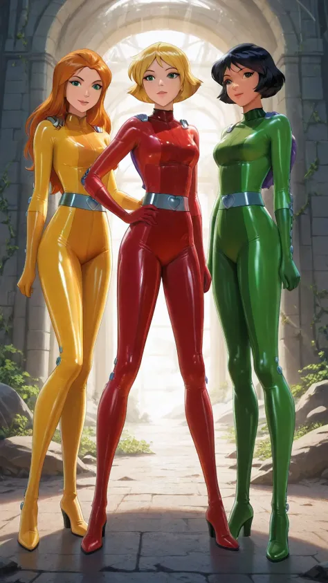 3 filles,Un rendu 4K cinématographique des trois personnages de Totally Spies posant sous une structure en béton futuriste. Sam in a shiny green latex combinaison, Clover in a glossy red latex combinaison, and Alex in a glowing yellow latex combinaison. Ch...