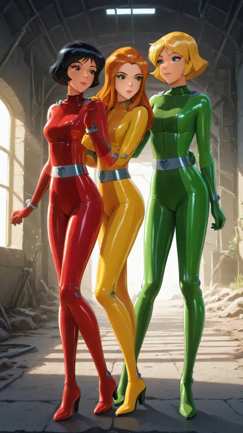 3 filles,alex cheveux courts cheveux noirs yeux marron dark peau tan lipstick, yellow combinaison,gants jaunes,latex combinaison,whoop combinaison Trèfle \(totalement espions\), cheveux blonds, cheveux courts, combinaison rouge, ceinture, [seins],gants rou...