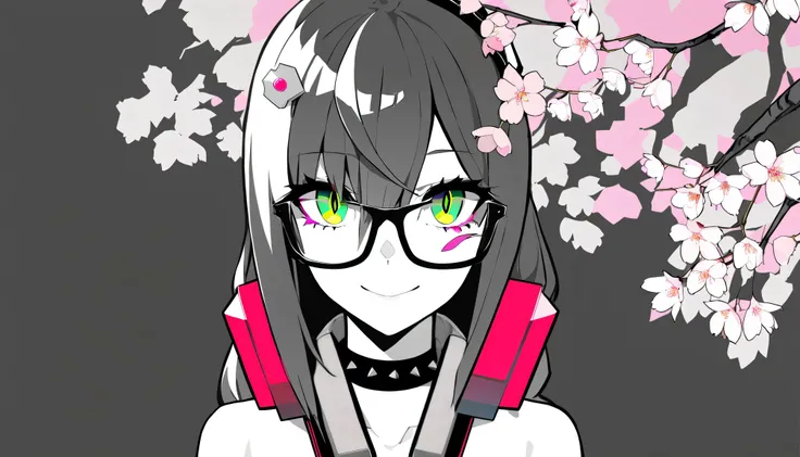 masterpiece, Highest Quality, ((one girl)), Spikes, solo, Glasses、headphones for listening to music , Color Difference, power symbol, Smile Yan, hair ornaments, spiked Color, Gamer, Illness, monochrome, headphones for listening to music around neck,yander...