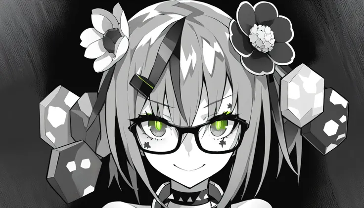 masterpiece, Highest Quality, one girl, ((桜の花のピンクのhair ornaments))、Spikes, solo, Glasses、headphones for listening to music , Color Difference, power symbol, Smile Yan, hair ornaments, spiked Color, Gamer, Illness, monochrome, headphones for listening to m...