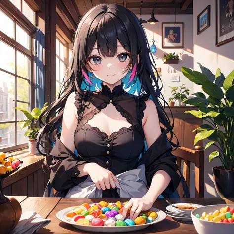 フードを被った可愛らしい若いgirls, cute young girl with colorful candies in her hands、Kissing it, antique wooden table, 
is surrounded by lots of brightly colored candies, gem, smile, watch viewers, Brilliant Colors, 
Sunlight Through Windows, cozy cafe atmosphere, 
Hig...
