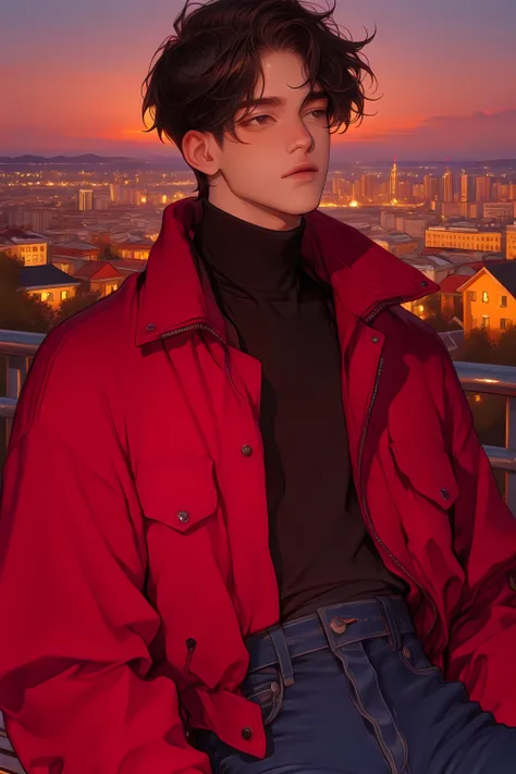 1male, solo, handsome, young man, short black hair, (dark brown eyes), detailed, black turtleneck tucked into blue jeans, slim, niji style, detailed background, high quality, red jacket, (detailed eyes), city background, sunset, detailed fabric, rim lighti...