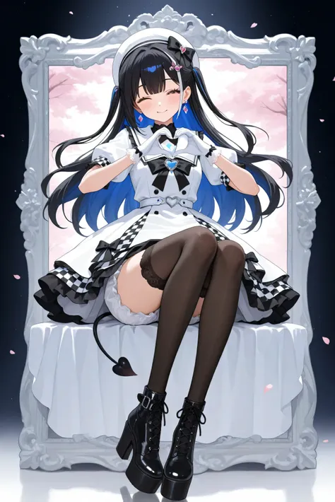 nai, 1girl, half twin tail, smile, diamond-shaped pupils, earrings, hair ornament, blue heart hair ornament, cherry blossom, long hair, looking at viewer, black hair,  bule inner color, pink eyes, streaked hair, symbol-shaped pupils, white gloves, white ha...