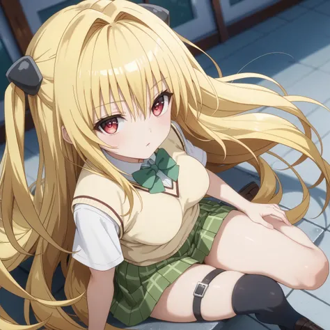 Konjiki no Yami, very long hair,blonde hair,two side up,hair ornament,hair intakes,hair between eyes,bangs,red eyes, school uniform,sweater vest,yellow vest,white shirt,collared shirt,green bowtie,short sleeves,medium breasts,miniskirt,green skirt,plaid sk...