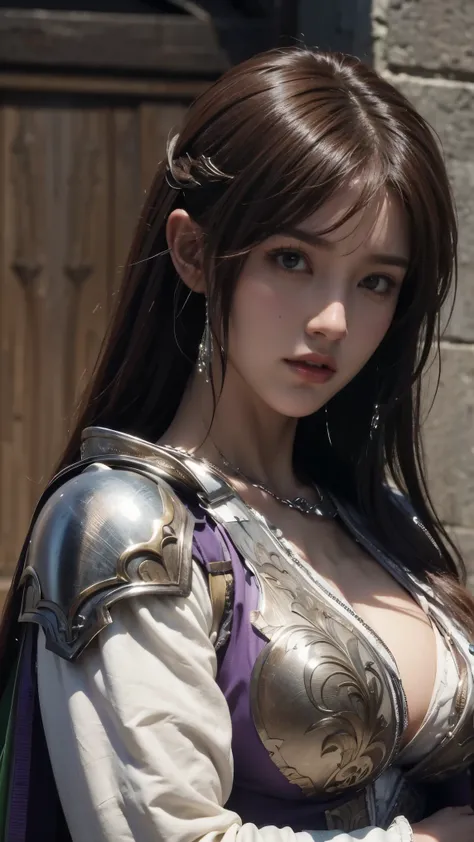 masterpiece，best quality, best，high resolution，8k，((portrait))，(head close-up)，original pictures，live-action，digital photo，(Medieval fantasy female adventurer)，(Fantasy World Warrior)，18 year old girl，( BLACK AND RED HAIR GRADATION )， purple random hairsty...