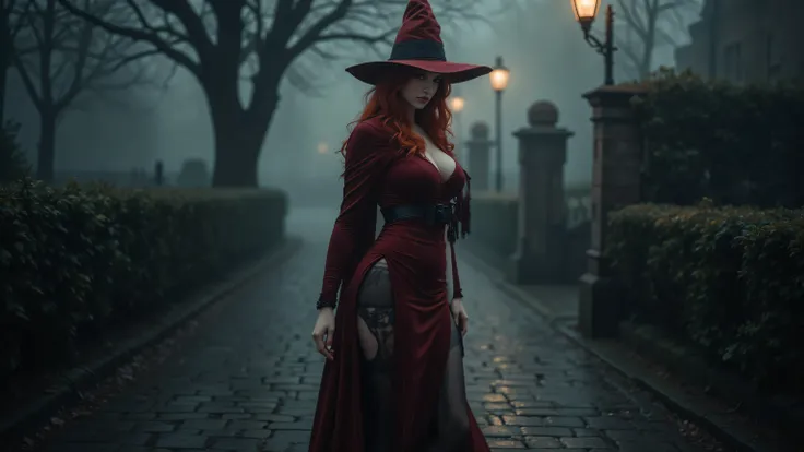 nightmare,Big breasts ,Create an atmospheric scene featuring a striking woman dressed as a witch on a foggy, cobblestone pathway. She wears an elegant, long-sleeved, deep red velvet dress with a high slit, revealing black lace thigh-high stockings. The dre...