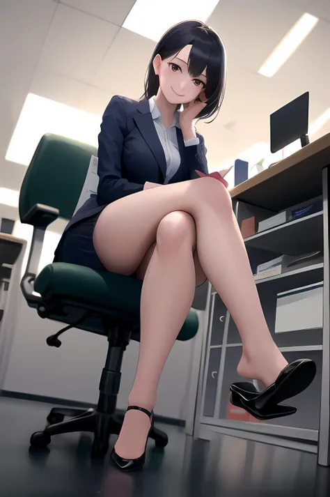 masterpiece, Highest Quality, high resolution, sit with your legs crossed, office lady together on the floor、smile、The shoes are on my feet
