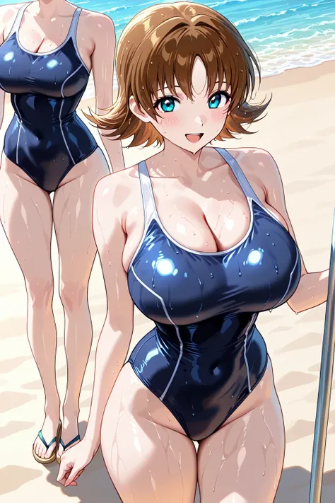 傑作、best quality、{{detailed beautiful face and eyes}}、very detailed background、 Miriallia Haw 、brown hair、short hair、blue eyes、flipped hair、big breasts、very big breasts、large boobs、((school swimsuit,cleavage,high leg cut,slender body,new school swimsuit))、s...