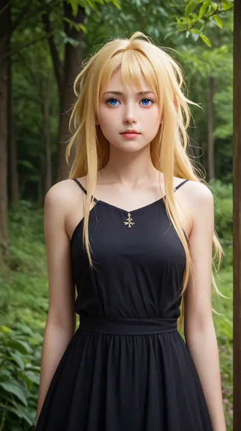 1girl, solo,alice zuberg,blue eyes,blonde hair,outdoors,potrait,medium breast,(nature backround),(black dress:1.5),long hair,front view,potrait,close up,standing still,Masterpiece, best quality, 8k, ultra high resolution, cinematic composition,forest,(mess...