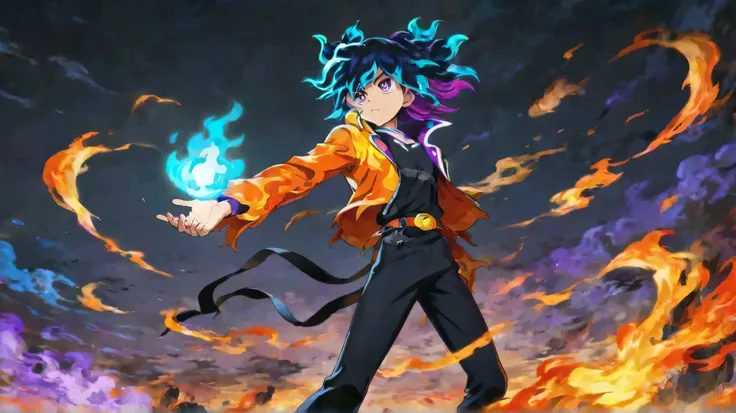 Male, Dark blue hair, Purple eye, White multicolored hair,Black outfit, Orange Jacket, belt, Anime style,Flame Space Background Glow, HD, Anime