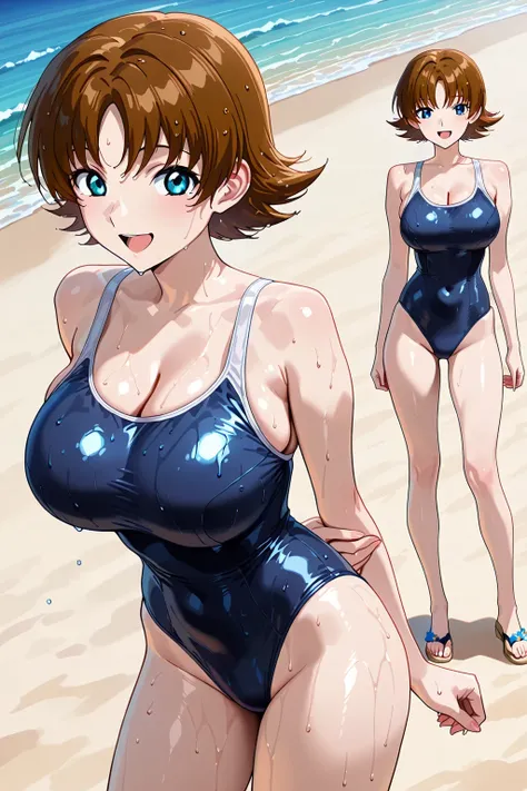 傑作、best quality、{{detailed beautiful face and eyes}}、very detailed background、 Miriallia Haw 、brown hair、short hair、blue eyes、flipped hair、big breasts、very big breasts、large boobs、((school swimsuit,cleavage,high leg cut,slender body,new school swimsuit))、s...