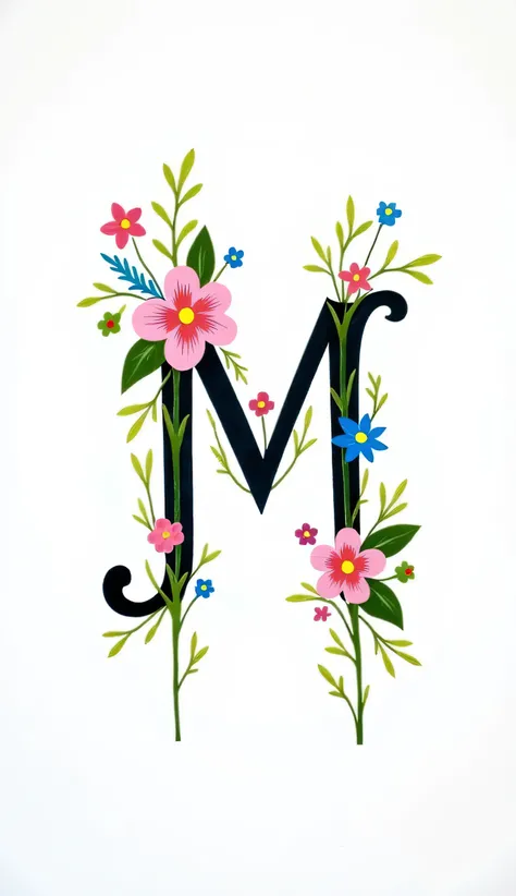 Hand-painted floral design; vertical inscription "M"; light WHITE background; script style letters; MULTICOLOR colored letters; small bouquets of pink and blue flowers; intricate green leaf details; detailed floral embellishments around each letter; vibran...