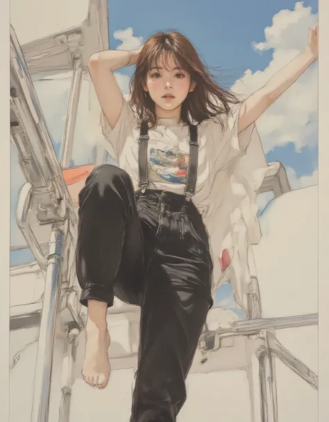 vivid, very detailed, Award-Winning Illustration, Professional. womanhood, 笑顔のwomanhood、sketch style、light brown hair、dark eyes、Tees、black overalls pants, provocative, Kicking pose、 beautiful, Fantasy shot with a Nikon Z7 II mirrorless camera. hyperrealist...