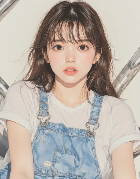vivid, very detailed, Award-Winning Illustrations, Professional. womanhood, ((笑顔のbeautifulwomanhood))、portrait、face focus、sketch style、light brown hair、dark eyes、Tees、Overalls Pants, provocative,  beautiful, A fantasy shot with a Nikon Z7 II mirrorless cam...