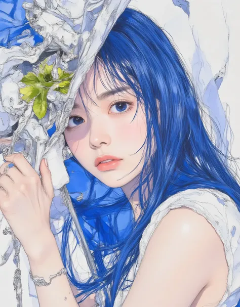 vivid, very detailed, Award-Winning Illustrations, Professional. womanhood, ((口を開けて笑っているbeautifulwomanhood:1.6))、portrait、face focus、sketch style、blue hair、blue eyes、blue party dress, provocative,  beautiful, A fantasy shot with a Nikon Z7 II mirrorless ca...