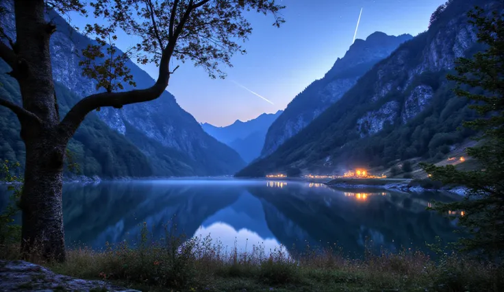 mountain valley at blue hour where river mist rises from water surface meeting first stars appearing in twilight sky, ancient weathered tree silhouette with twisted branches framing foreground, perfectly reflected mountain peaks in absolutely still water s...