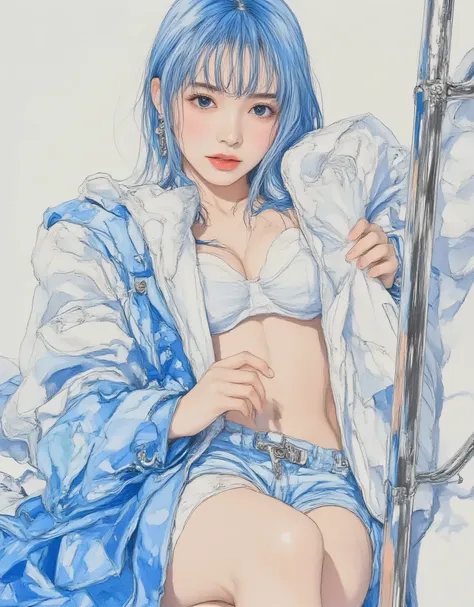 vivid, very detailed, Award-Winning Illustration, Professional. womanhood, ((口を開けて笑っているbeautifulwomanhood:1.6))、portrait、face focus、sketch style、pastel blue hair、blue eyes、blue party dress, provocative,  beautiful, A fantasy shot with a Nikon Z7 II mirrorl...