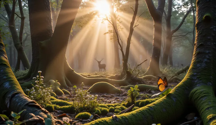 Ultra-photorealistic RAW photograph of dawn light filtering through ancient forest canopy, golden sunbeams piercing morning mist creating visible light rays between twisted tree trunks, forest floor covered in emerald moss with perfect water droplets catch...