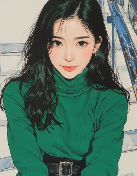 vivid, very detailed, Award-Winning Illustration, Professional. Smiling Woman, ((口を開けて笑っているbeautiful女性:1.6))、portrait、face focus、sketch style、dark green hair、emerald eyes、green sweater, provocative,  beautiful, Fantasy shot with a Nikon Z7 II mirrorless ca...