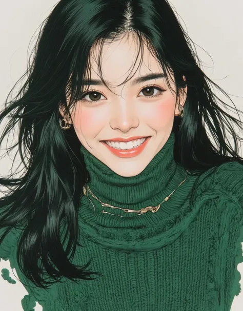 vivid, very detailed, Award-Winning Illustration, Professional. Smiling Woman, ((口を開けて笑っているbeautiful女性:1.6))、portrait、face focus、sketch style、dark green hair、emerald eyes、green sweater, provocative,  beautiful, Fantasy shot with a Nikon Z7 II mirrorless ca...