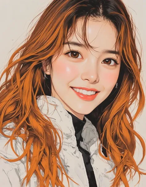 vivid, very detailed, Award-Winning Illustrations, Professional. Smiling Woman, ((口を開けて笑っているbeautiful女性:1.6))、portrait、face focus、sketch style、Orange Gradient Hair、orange eyes、Wear a duffle coat, provocative,  beautiful, A fantasy shot with a Nikon Z7 II m...